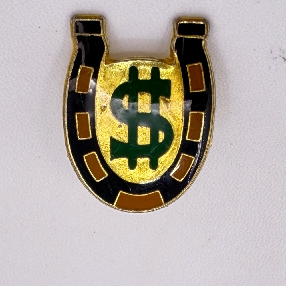 Vintage Horseshoe Dollar Sign Pinback Metal Enamel Money Casino Gambling Symbol